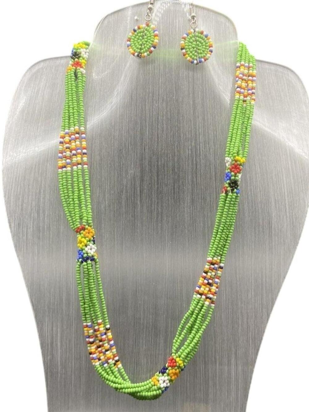 Green Maasai Multi Strand Beaded Necklace Standard Length African Jewelry-New